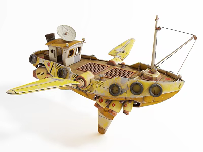 Yellow Hybrid Boat Plane Model With Satellite Dish Propellers And Wheels 3d model