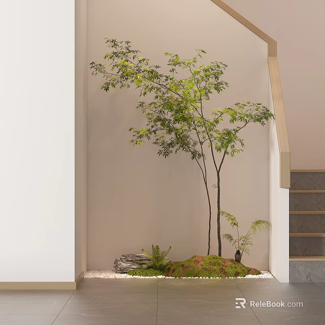 Small Garden Ornament with Two Trees Green Leaves White Pebbles and Moss Next to Stairs 3d model 