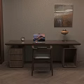 Cozy Wooden Desk Setup With Laptop Table Lamp Alarm Clock Chair And Drawer
