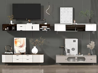 Modern TV Stand With White Black Finish Drawers Decorative Items Paintings And Plants 3d model