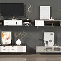 Modern TV Stand With White Black Finish Drawers Decorative Items Paintings And Plants