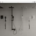 Various Modern Shower System Designs Mounted on Grey Tile Bathroom Wall 3d model