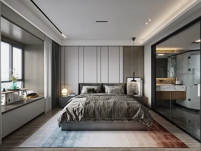 Modern Bedroom Interior With Striped Wall Colorful Rug Glass Door And Table Lamp 3d model