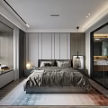 Modern Bedroom Interior With Striped Wall Colorful Rug Glass Door And Table Lamp