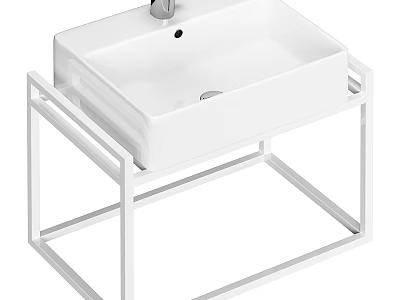 Contemporary Bathroom White Ceramic Washbasin with Sleek Metal Frame and Chrome Faucet 3d model