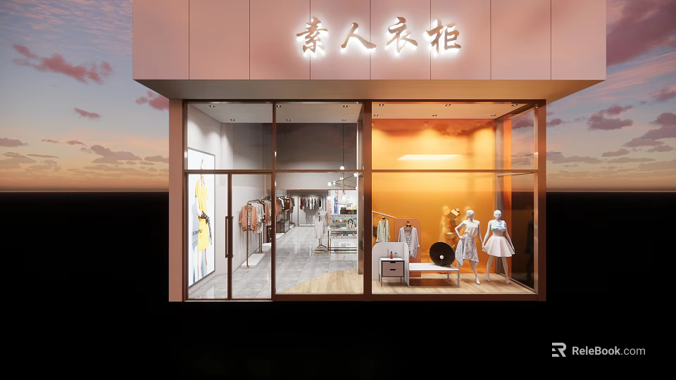 Fashion Clothing Store Exterior With Glass Windows Warm Lighting And Mannequins 3d model 