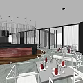 Modern Restaurant Interior With Spiral Staircase Tables Chairs And Bookshelves