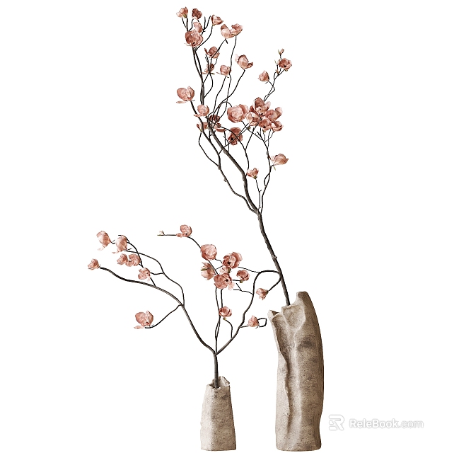 Pink Flowers with Slender Branches in Brown Textured Vase Natural Decorative 3d model 