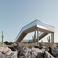 Modern Road Facility Featuring Glass Guardrail And Wooden Structure Amid Rocky Terrain With Cacti