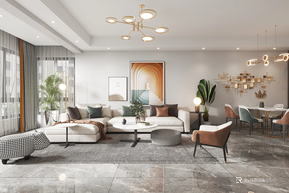 Modern Living Dining Room Interior With Sofa Dining Table Chandelier Decorative Painting And Green Plants 3d model 