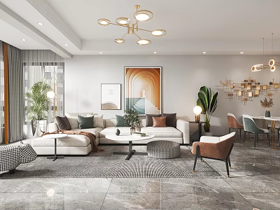 Modern Living Dining Room Interior With Sofa Dining Table Chandelier Decorative Painting And Green Plants 3d model