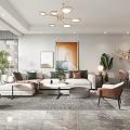 Modern Living Dining Room Interior With Sofa Dining Table Chandelier Decorative Painting And Green Plants
