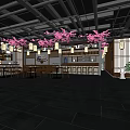 Elegant Japanese Restaurant Interior With Pink Cherry Blossoms Hanging Lanterns And Wooden Bar Counter