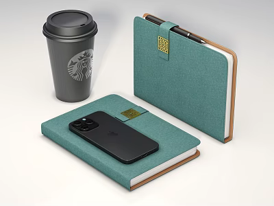 Teal Fabric Notebook With Gold Buckle Smartphone On Cover And Coffee Cup Beside 3d model