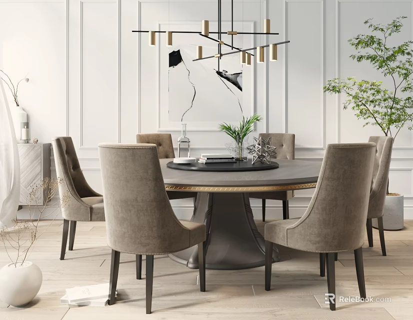Modern Round Dining Table Set With Beige Chairs And Decorative Chandelier 3d model