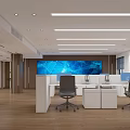 Modern Public Office Space With Wooden Columns Blue Displays Green Plant And Wooden Flooring