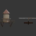 Stone Tower With Red Pointed Roof And Wooden Platform Plus Windmill Like Wooden Blade Structure