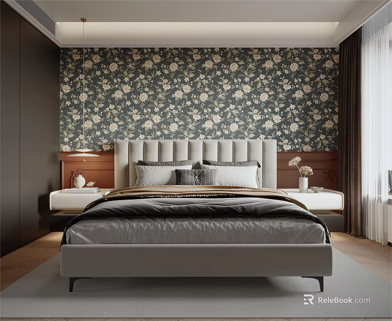 Stylish Bedroom With Grey Headboard Floral Wallpaper Wooden Nightstands And Bench 3d model 