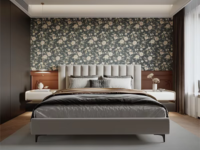 Stylish Bedroom With Grey Headboard Floral Wallpaper Wooden Nightstands And Bench 3d model