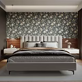 Stylish Bedroom With Grey Headboard Floral Wallpaper Wooden Nightstands And Bench