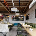 Industrial Style Restaurant With Neon Signs Chinese English Signs And Red White Striped Floor