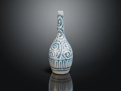 Decorative Blue And White Ceramic Vase With Spiral Patterns And Striped Design 3d model
