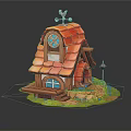 Cartoon Scene of Small House with Red Tile Roof Round Windows Path Stones and Grass