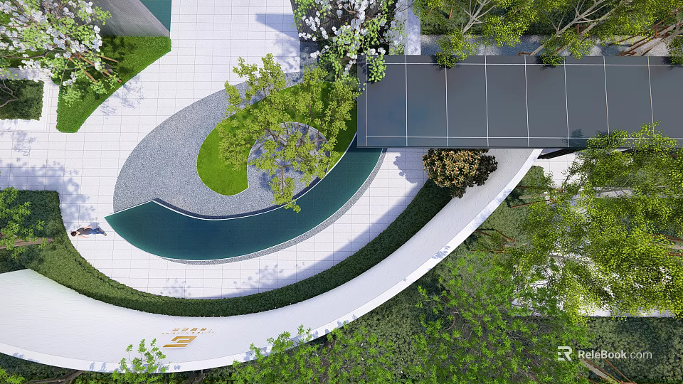 Modern Garden Landscape Design With Circular Walkway Lawn And Water Feature 3d model 