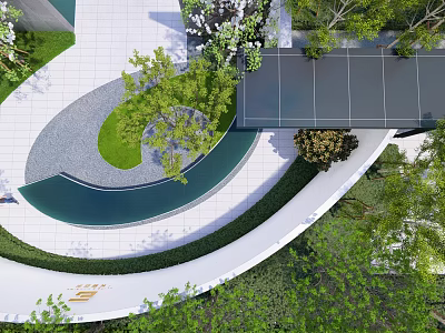 Modern Garden Landscape Design With Circular Walkway Lawn And Water Feature 3d model