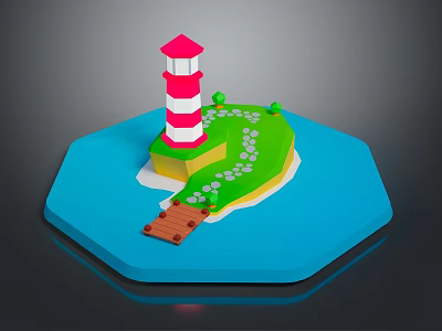 Modern 3D Scene With Red White Lighthouse Green Island Pebble Path Wooden Bridge Blue Water 3d model