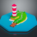 Modern 3D Scene With Red White Lighthouse Green Island Pebble Path Wooden Bridge Blue Water