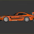 Orange Mercedes AMG Racing Car With Black Stripes And Large Rear Spoiler