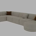 Modern Sectional Sofa With Beige Upholstery Decorative Pillows Wooden Armrests And Storage Ottoman