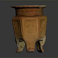 Decorative Orange Ceramic Container With Carved Patterns And Four Legs Design