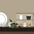 Modern Dinnerware Set With White Plates Glass Bowls Mugs And Green Fruits On Wooden Shelf