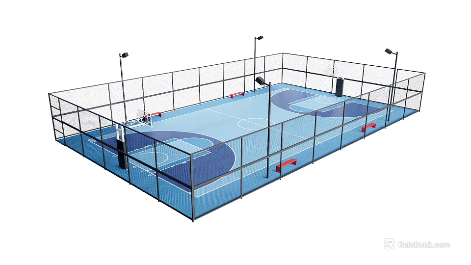 Basketball Court With Blue Flooring Fencing Basketball Hoops Court Markings And Lighting 3d model 