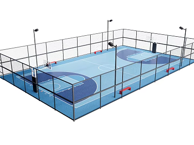 Basketball Court With Blue Flooring Fencing Basketball Hoops Court Markings And Lighting 3d model