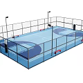 Basketball Court With Blue Flooring Fencing Basketball Hoops Court Markings And Lighting