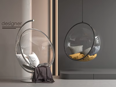 Transparent Bubble Hanging And Floor Standing Chairs With Pillows And Blanket In Modern Interior 3d model