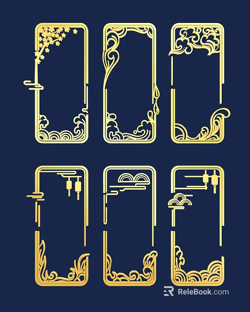 Golden Chinese Traditional Carved Frames With Cloud And Wave Patterns On Dark Blue Background 3d model