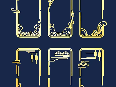 Golden Chinese Traditional Carved Frames With Cloud And Wave Patterns On Dark Blue Background 3d model