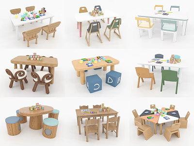 Various Designs Kids Table With Colorful Chairs For Children Play And Study 3d model