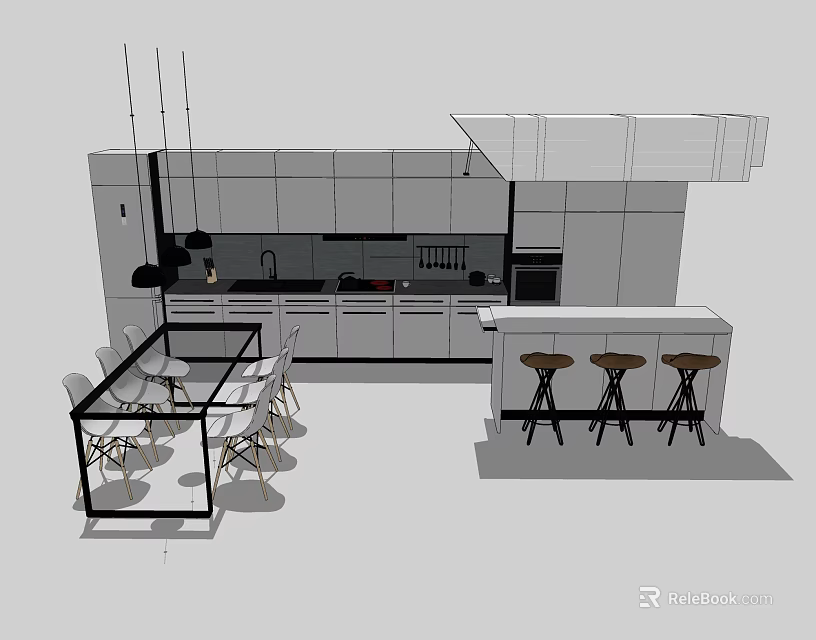 Modern Kitchen Open Layout With Cabinets Island Stools And Pendant Lights 3d model