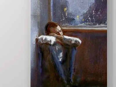 Portrait Painting of Person Leaning by Window Resting Head on Knees With Evening Lights 3d model