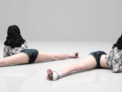 Women Stretching on Floor Wearing Plaid Shirts Shorts and Pink Shoes 3d model
