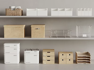 Organizational Storage Containers With Woven Baskets Wooden Boxes And Metal Racks On Shelves 3d model