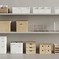 Organizational Storage Containers With Woven Baskets Wooden Boxes And Metal Racks On Shelves