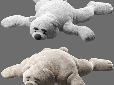 Plush Teddy Bear Stuffed Toys Lying Flat In Light Gray And Beige Soft Material For Kids 3d model