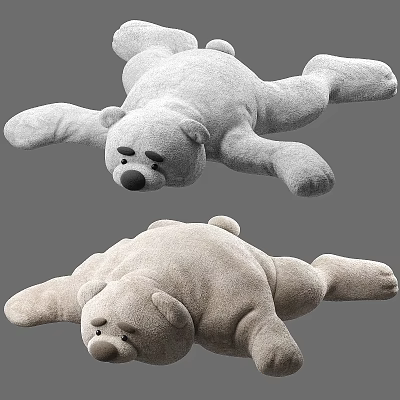 Plush Teddy Bear Stuffed Toys Lying Flat In Light Gray And Beige Soft Material For Kids 3d model