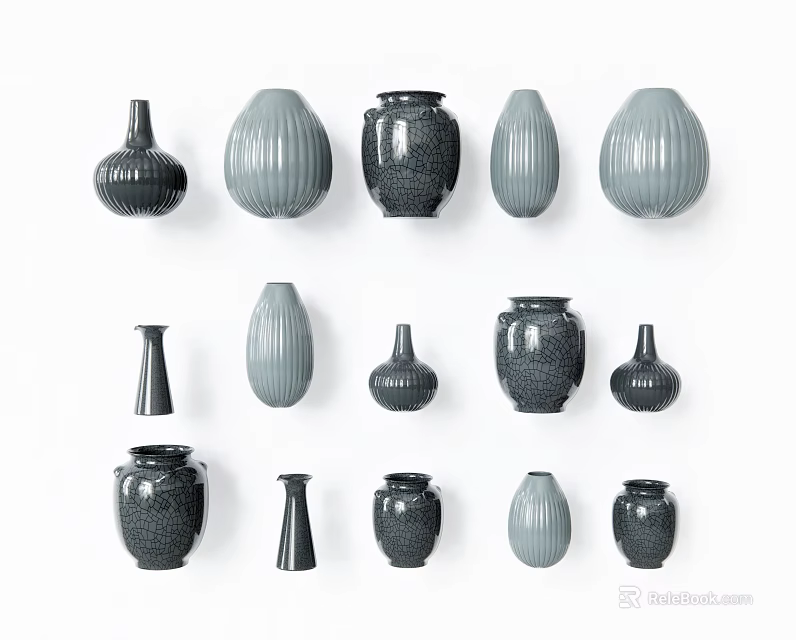 Assorted Ceramic Vessels in Various Shapes and Neutral Gray Tones for Home Decor 3d model 